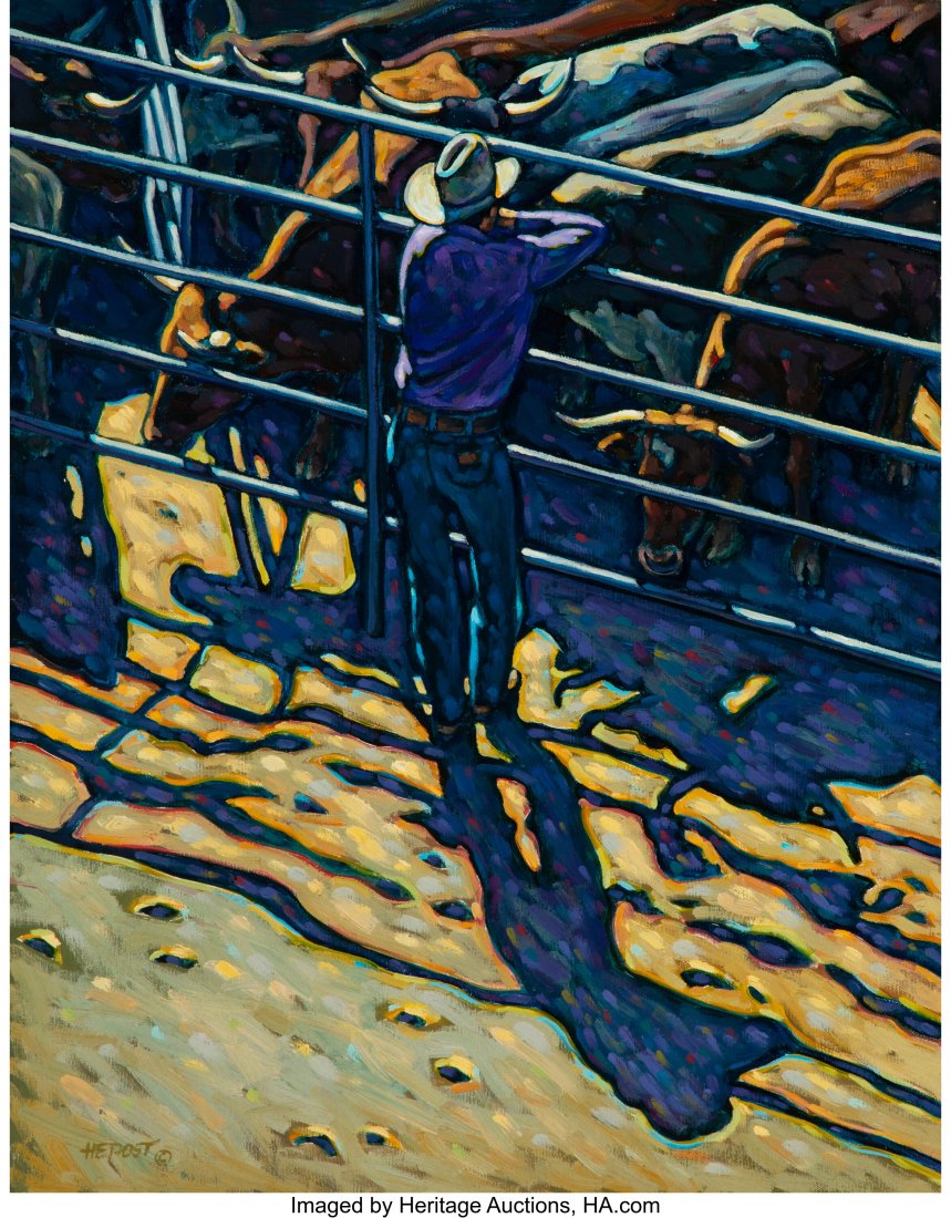 Howard Post (American, b. 1948) The Corral Oil o: Howard Post (American, b. 1948) The Corral Oil on canvas 28 x 21-3/4 inches (71.1 x 55.2 cm) Signed lower left: HEPost PROVENANCE: Private collection, Henderson, Nevada. HID03101062020 © 2020 Her