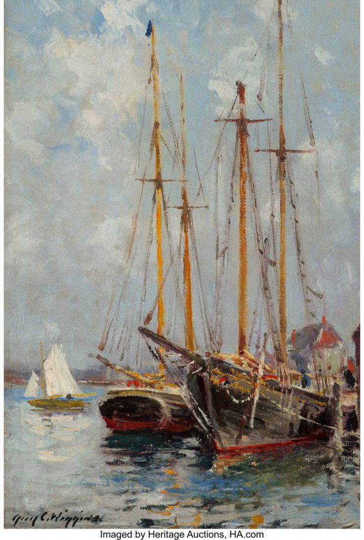 Guy Carleton Wiggins (American, 1883-1962) The W: Guy Carleton Wiggins (American, 1883-1962) The Waterfront, Gloucester Oil on canvas laid on board 11-3/4 x 7-7/8 inches (29.8 x 20.0 cm) Signed lower left: Guy C. Wiggins Property from a Palm Beach Es