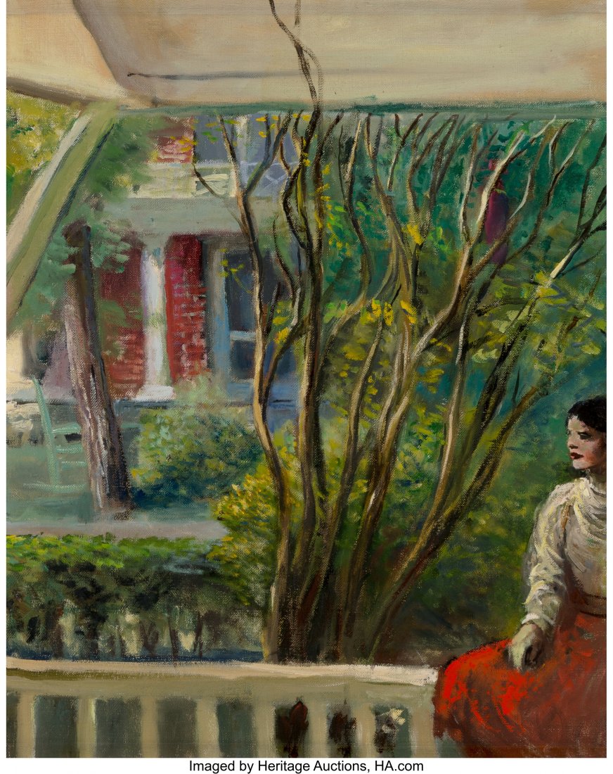 Guy Pène Du Bois (American, 1884-1958) Girl on : Guy Pène Du Bois (American, 1884-1958) Girl on the Porch, 1957 Oil on canvas 20 x 16 inches (50.8 x 40.6 cm) PROVENANCE: James Graham & Sons, New York; Shannon's Fine Art Auctioneers, Milfo