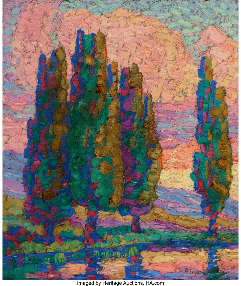 Birger Sandzén (American, 1871-1954) Sunset, Lo: Birger Sandzén (American, 1871-1954) Sunset, Logan, Utah, 1929 Oil on board 14 x 12 inches (35.6 x 30.5 cm) Signed lower right: Birger Sandzén Signed, dated, titled, and inscribed on the