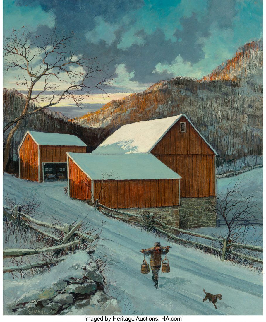Eric Sloane (American, 1905-1985) Red Barn, New: Eric Sloane (American, 1905-1985) Red Barn, New Milford, Connecticut Oil on Masonite 26-3/4 x 21-3/4 inches (67.9 x 55.2 cm) Signed lower left: Sloane Signed and inscribed on the reverse: Eric Sloane