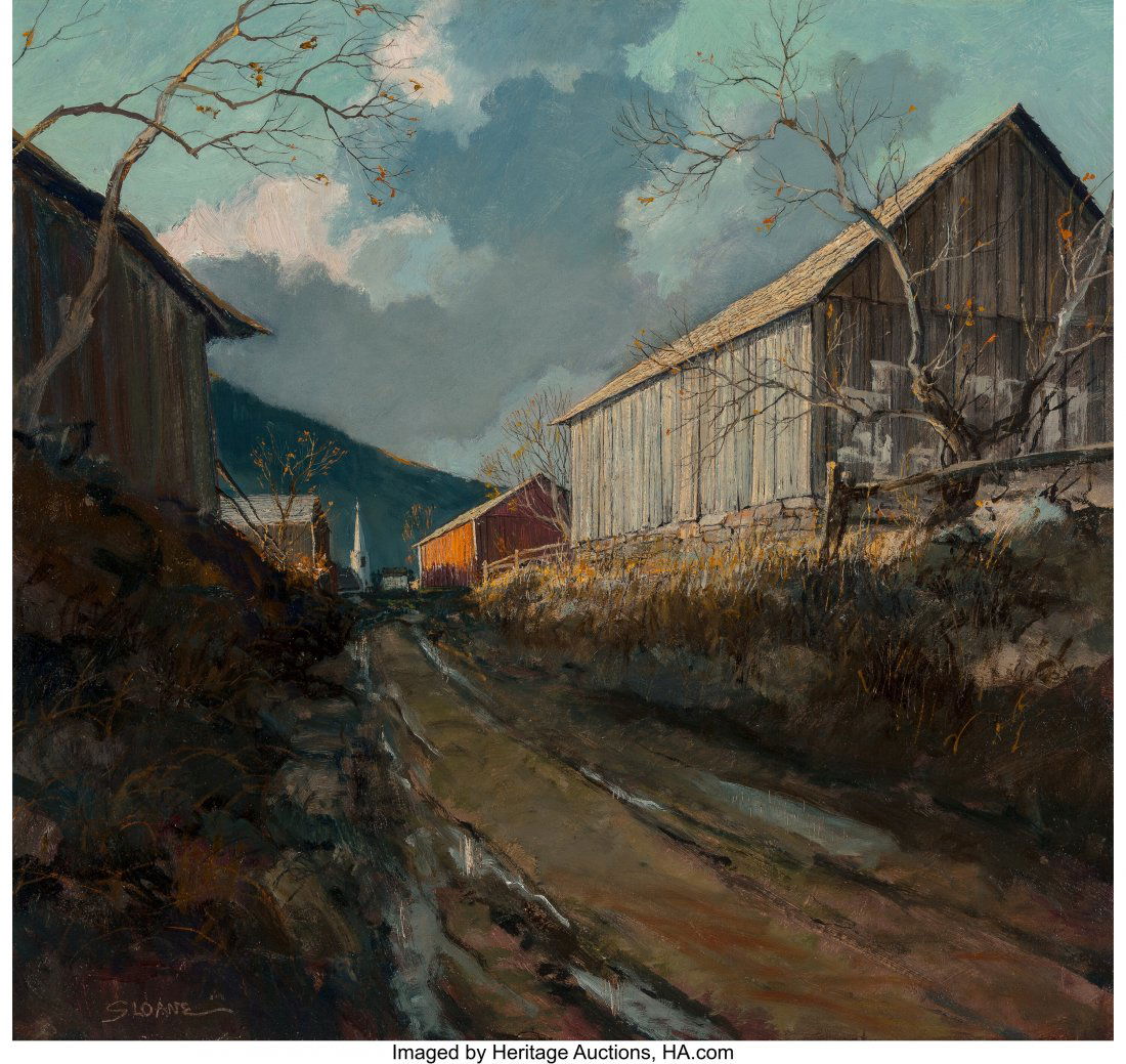 Eric Sloane (American, 1905-1985) Cornwall Bridg: Eric Sloane (American, 1905-1985) Cornwall Bridge, Connecticut Oil on Masonite 28 x 30 inches (71.1 x 76.2 cm) (sight) Signed lower left: Sloane Signed and titled on the reverse: Eric Sloane / Cornwal