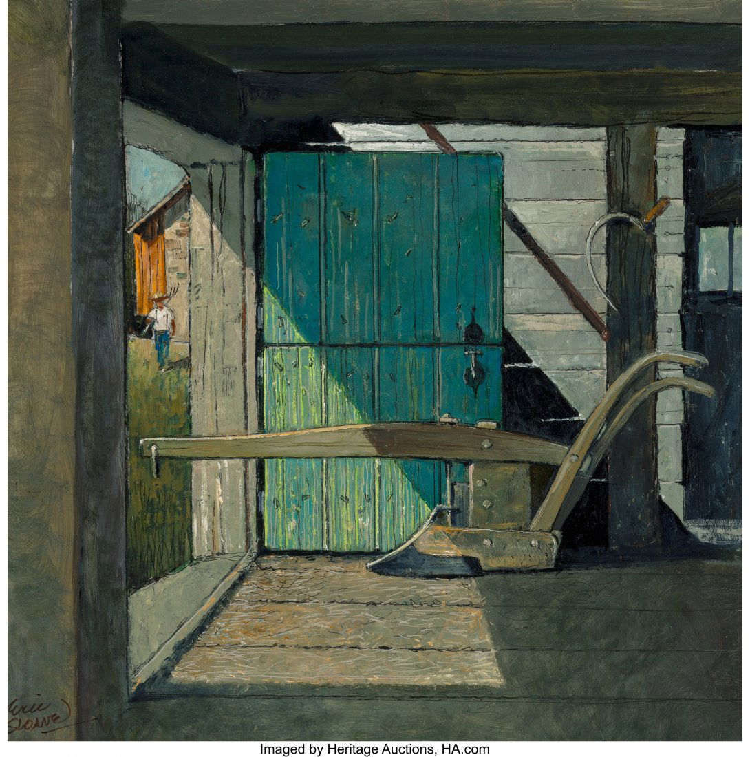 Eric Sloane (American, 1905-1985) The Open Door: Eric Sloane (American, 1905-1985) The Open Door Oil on Masonite 19-3/4 x 19-3/4 inches (50.2 x 50.2 cm) Signed lower left: Eric / Sloane Signed and titled on the reverse: The Open Door / Eric Sloane P