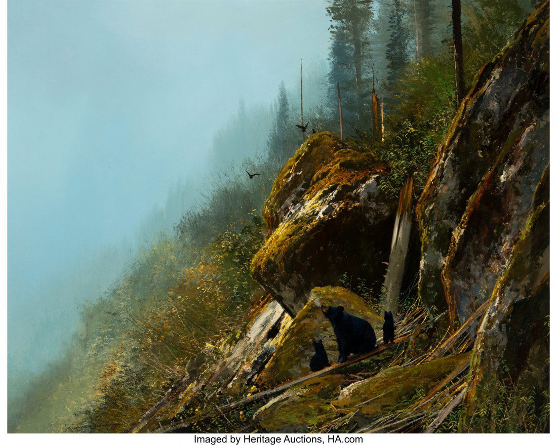 Michael Coleman (American, b. 1946) Black Bears-: Michael Coleman (American, b. 1946) Black Bears--Nimpkish River, British Columbia Oil on Masonite 24 x 30 inches (61.0 x 76.2 cm) Signed lower left: Michael Coleman PROVENANCE: J.N. Bartfield Gallerie