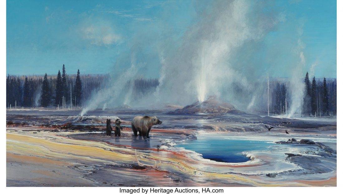 Michael Coleman (American, b. 1946) Black Bears: Michael Coleman (American, b. 1946) Black Bears of Yellowstone Gouache on paper 20-1/2 x 36-1/4 inches (52.1 x 92.1 cm) (sight) Signed lower left: Michael Coleman Property from a Palm Beach Estate PRO