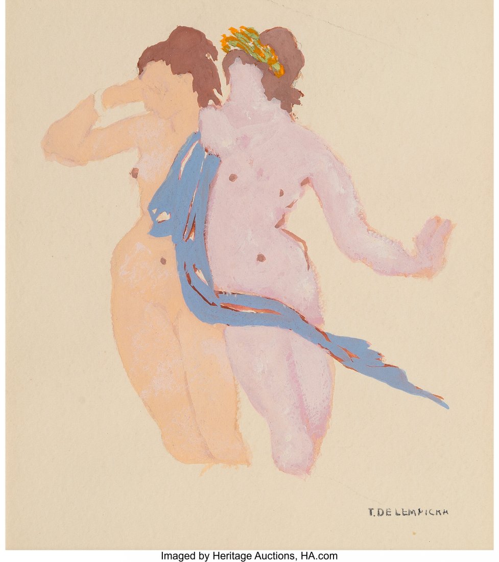 Tamara de Lempicka (1898-1980) Deux femmes, 1974: Tamara de Lempicka (1898-1980) Deux femmes, 1974 Watercolor on paper 13-1/4 x 9-3/8 inches (33.7 x 23.8 cm) Stamped with signature lower right: T. DE LEMPICKA PROVENANCE: Weinstein Gallery, San Franci