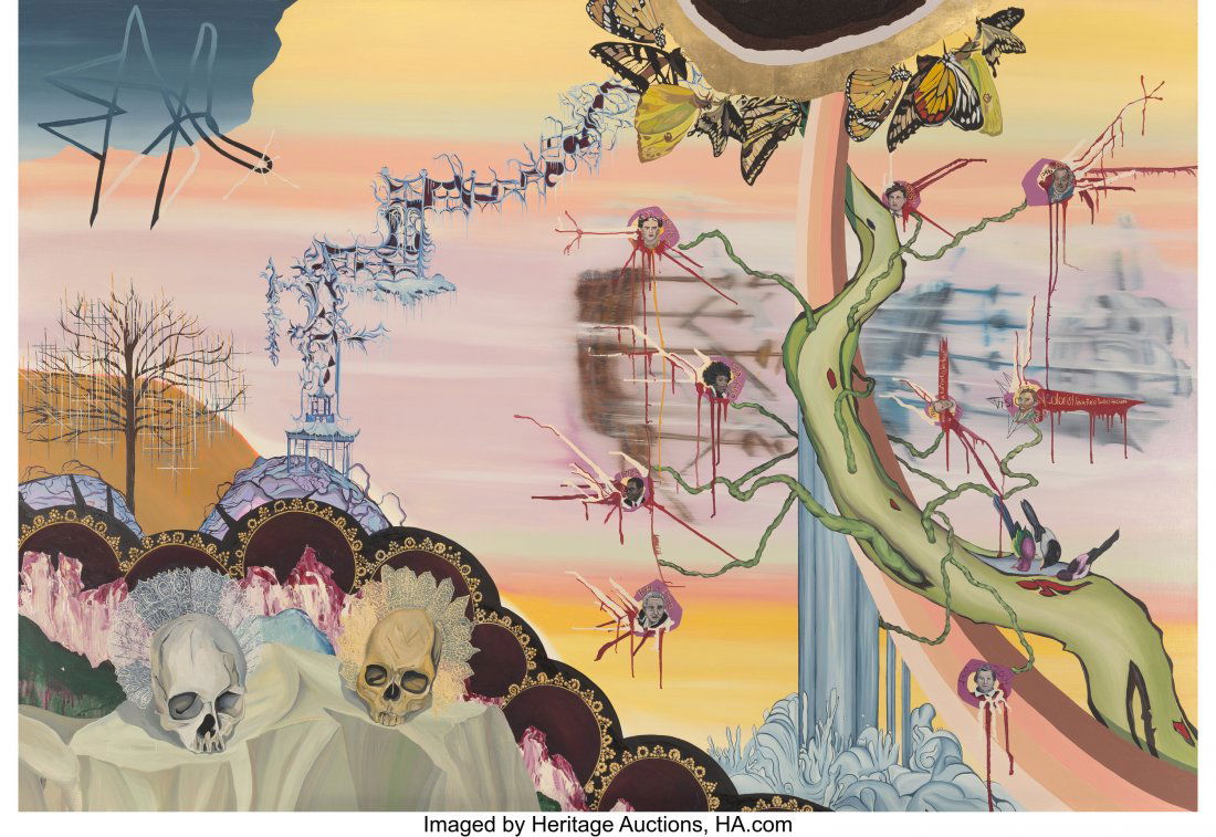 Zachary Wollard (b. 1974) The River of Us to The: Zachary Wollard (b. 1974) The River of Us to Them, 2006 Oil, acrylic, and paper on canvas 54 x 81 inches (137.2 x 205.7 cm) Signed and dated on reverse: Zachary Wollard 2006 PROVENANCE: Lightbox Galle