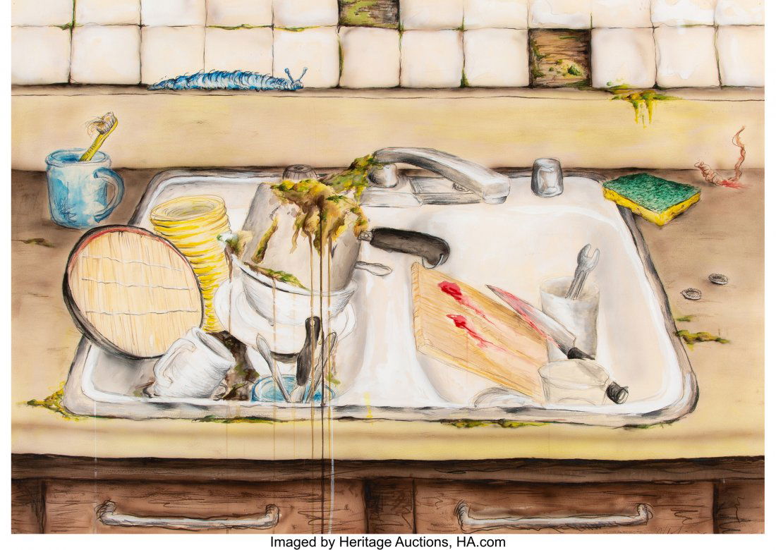 Mark Licari (b. 1975) Kitchen Sink, 2005 Ink, co: Mark Licari (b. 1975) Kitchen Sink, 2005 Ink, color pencil, watercolor and pencil on paper 29-7/8 x 41-3/4 inches (75.9 x 106 cm) Signed and dated lower right: Mark Licari' 05 PROVENANCE: Gagosian Gal