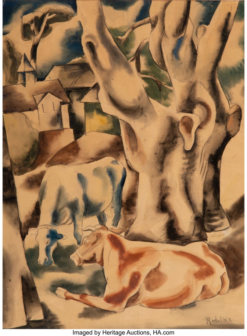 Jan Matulka (American, 1890-1972) Cows and Trees: Jan Matulka (American, 1890-1972) Cows and Trees Watercolor and pencil on paper 17 x 13 inches (43.2 x 33.0 cm) (sheet) Signed lower right: Matulka PROVENANCE: Castellane Gallery, New York. HID0310106