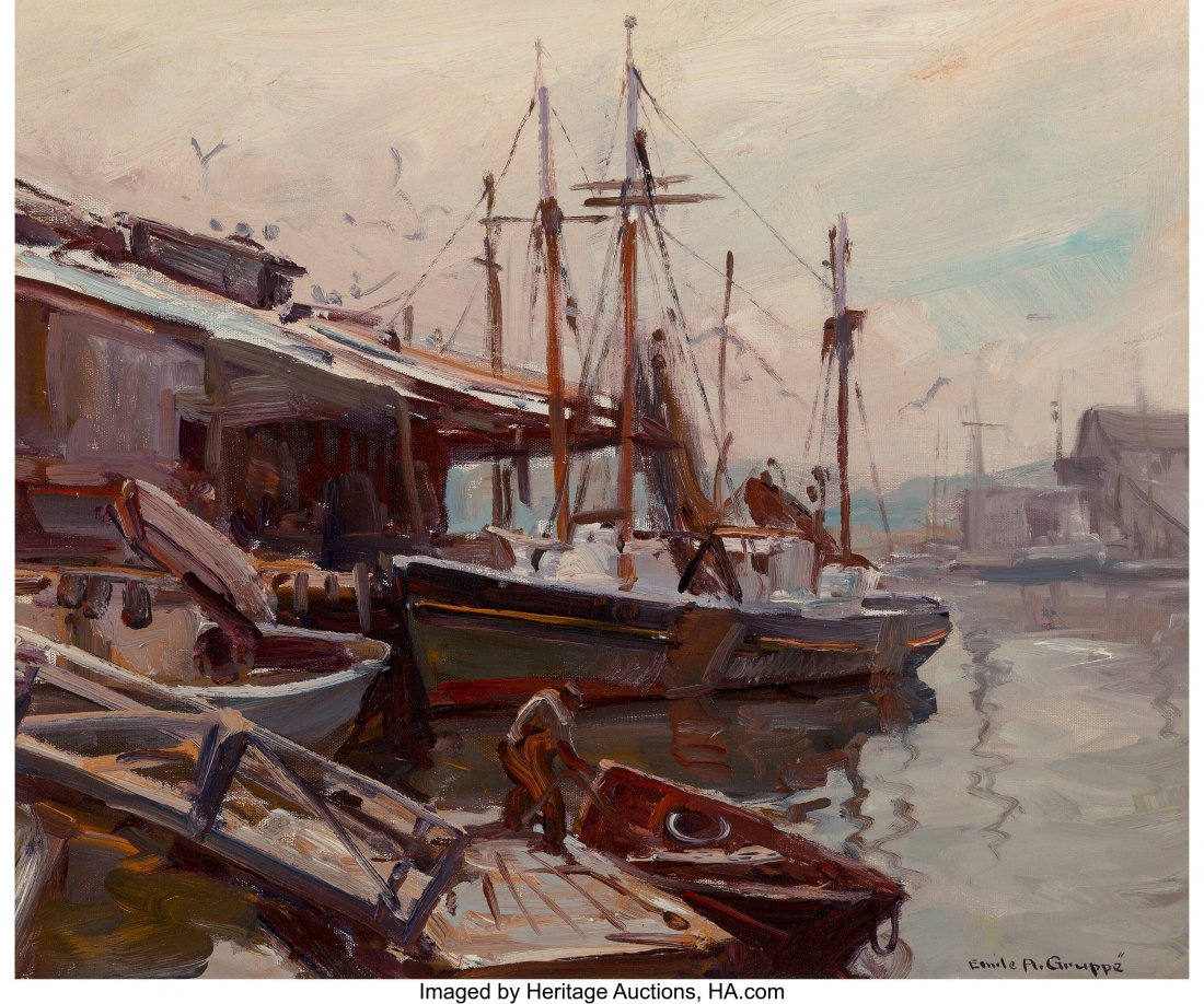 Emile Albert Gruppe (American, 1896-1978) Glouce: Emile Albert Gruppe (American, 1896-1978) Gloucester Docks Oil on canvas 20 x 24 inches (50.8 x 61.0 cm) Signed lower right: Emile A. Gruppe Signed and titled on the stretcher: Gloucester Docks by Emi