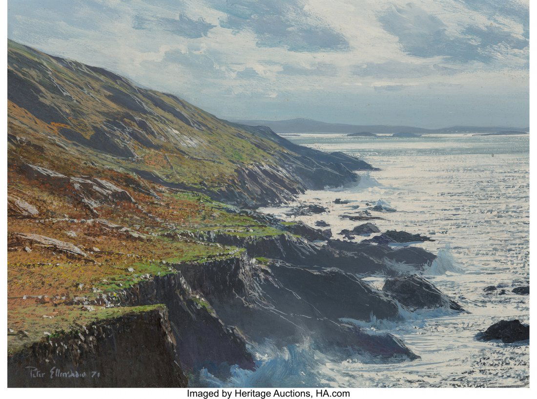 Peter Ellenshaw (British/American, 1913-2007) Wa: Peter Ellenshaw (British/American, 1913-2007) Waves, 1971 Oil on masonite 12 x 16 inches (30.5 x 40.6 cm) Signed and dated lower left: Peter Ellenshaw 71 Stamped twice on the reverse: © Peter Ell