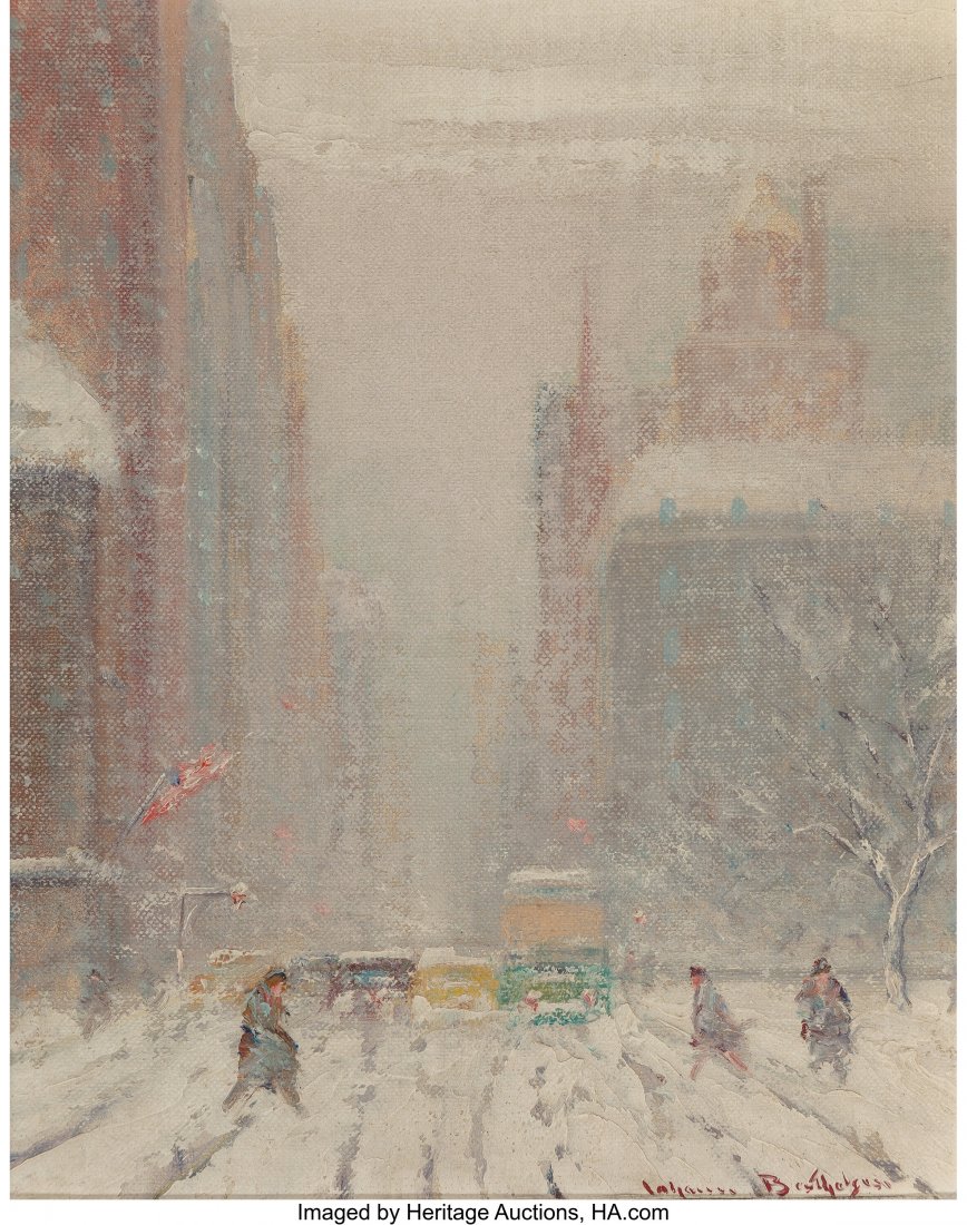 Johann Berthelsen (American, 1883-1972) Winter i: Johann Berthelsen (American, 1883-1972) Winter in New York (Fifth Avenue looking south from 59th Street) Oil on canvasboard 9-1/4 x 7-1/4 inches (23.5 x 18.4 cm) Signed lower right: Johann Berthelsen 