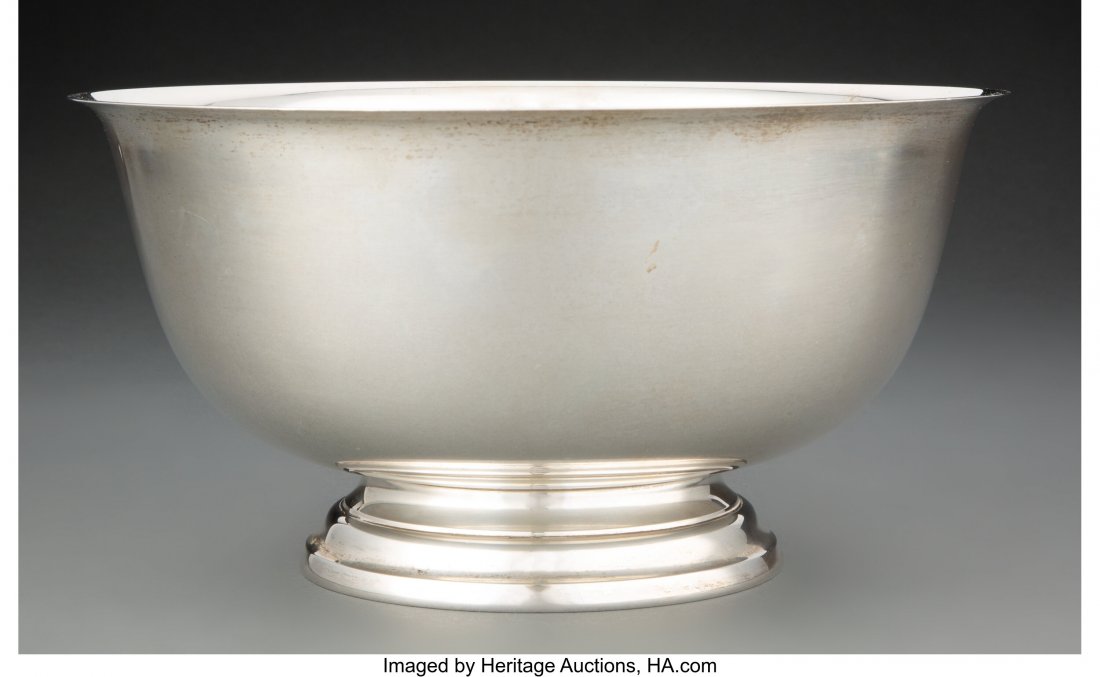 A Gorham Corporation Silver Reserve Bowl, Provid: A Gorham Corporation Silver Reserve Bowl, Providence, Rhode Island, 1963 Marks: Gorham, STERLING, (lion-anchor-G), 41661, (hexagon-3), P. REVERE REPRODUCTION 5-1/4 x 10-1/4 inches (13.3 x 26.0 cm) 31.