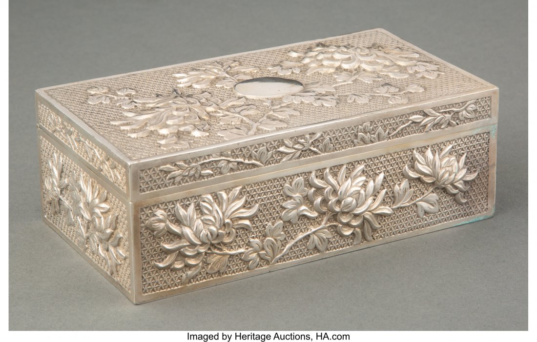 A Wing Fat Chased and Repoussé Partial Gilt Sil: A Wing Fat Chased and Repoussé Partial Gilt Silver Chrysanthemum Box, Canton and Hong Kong, late 19th-early 20th century Marks: (maker's mark), WF, 90 2 x 6 x 3-1/4 inches (5.1 x 15.2 x 8.3 cm)