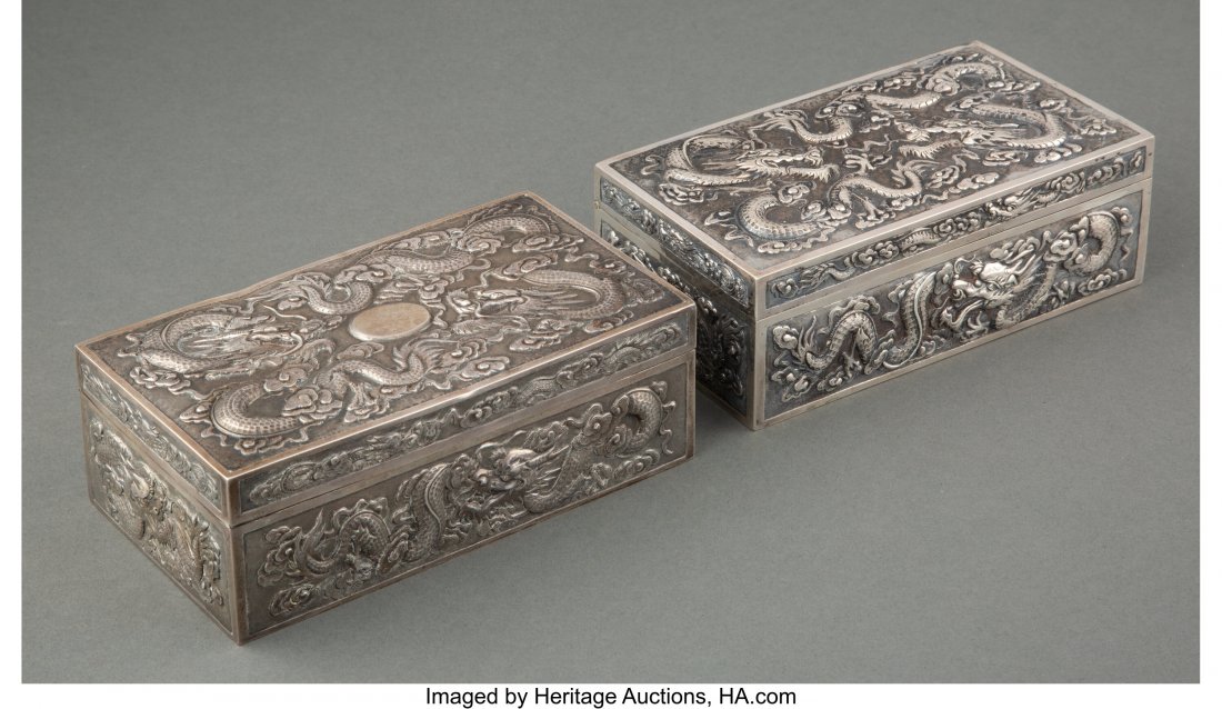 Two Chinese Partial Gilt and Repoussé Silver Bo: Two Chinese Partial Gilt and Repoussé Silver Boxes with Dragon Motifs Marks: (character marks), MI 2 x 6 x 3-1/4 inches (5.1 x 15.2 x 8.3 cm) (each) 21.87 troy ounces HID03101062020 © 2020