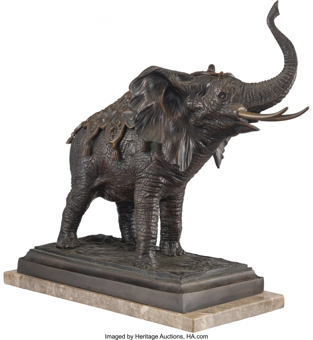 Continental School (20th/21st Century) Elephant: Continental School (20th/21st Century) Elephant Bronze with brown patina 17 inches (43.2 cm) high on a 3/4 inch (1.9 cm) marble pedestal Inscribed on right hind foot: Soher 12/100 Inscribed on base: A