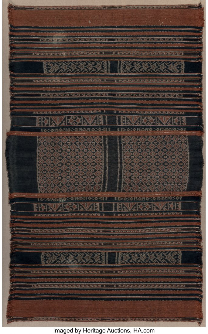 Lomblen Woven Cotton Sarong, Indonesia, 19th cen: Lomblen Woven Cotton Sarong, Indonesia, 19th century 79 x 51 inches (200.7 x 129.5 cm) Property from The Neiman Marcus Collection The Indonesian handwoven cotton sarong with natural dyes and fringe fr