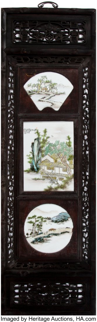 Four Chinese Wood Screens Inset with Enameled Po: Four Chinese Wood Screens Inset with Enameled Porcelain Plaques, Qing Dynasty Marks: Various signatures with artists' seals 47-3/4 x 15 inches (121.3 x 38.1 cm) HID03101062020 © 2020 Heritage Auc