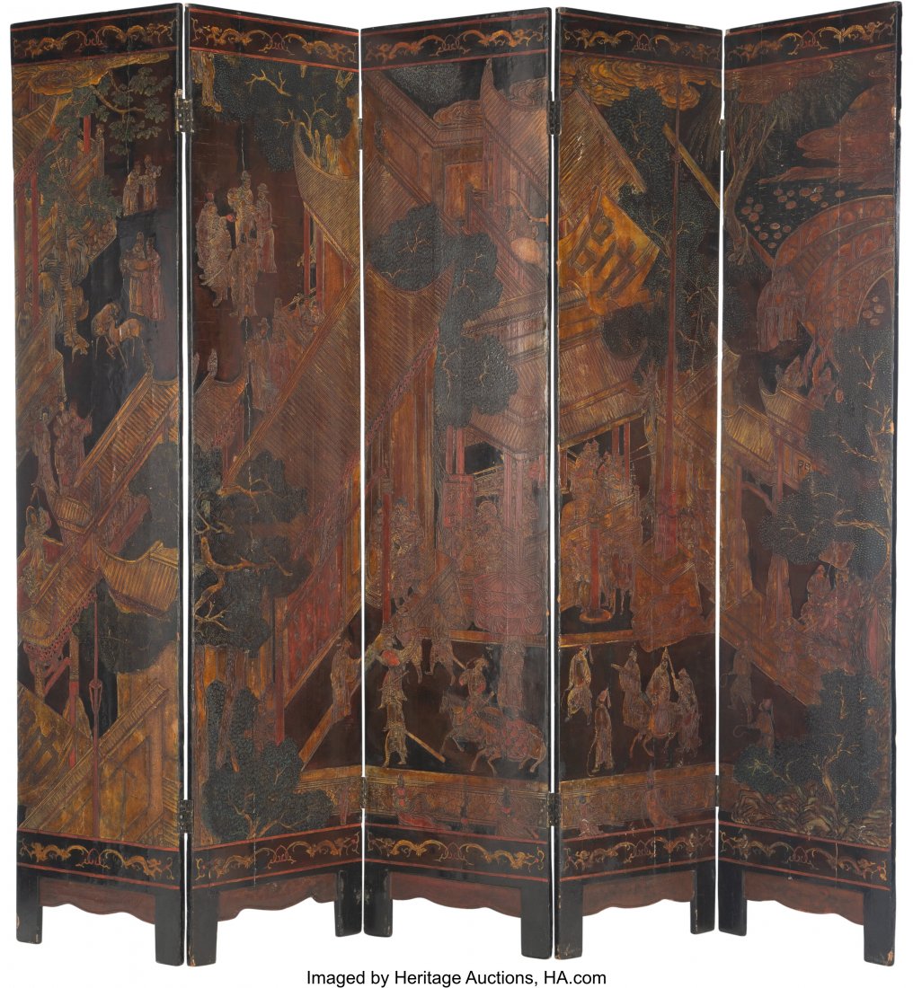 A Chinese Five-Panel Coromandel Screen, 19th cen: A Chinese Five-Panel Coromandel Screen, 19th century 80 x 100 x 1-1/4 inches (203.2 x 254 x 3.2 cm) HID03101062020 © 2020 Heritage Auctions | All Rights Reserved