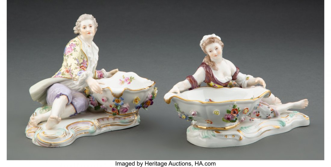 A Pair of Meissen Porcelain Figural Sweetmeats,: A Pair of Meissen Porcelain Figural Sweetmeats, late 19th-early 20th century Marks: (crossed swords in underglaze blue), (various) 4-1/2 x 7-1/4 x 5-1/2 inches (11.4 x 18.4 x 14.0 cm) (tallest) HID031
