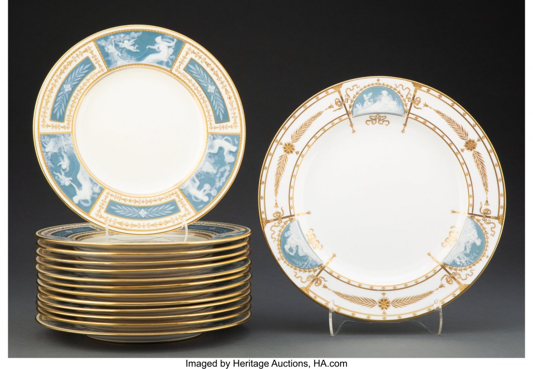 Fourteen Mintons Partial Gilt Pâte-sur-Pâte Po: Fourteen Mintons Partial Gilt Pâte-sur-Pâte Porcelain Plates, Stoke-on-Trent, Staffordshire, England, 1910-1931 Marks too smallest: (crowned globe-MINTONS-TIFFANY & Co), NEW YORK, MADE