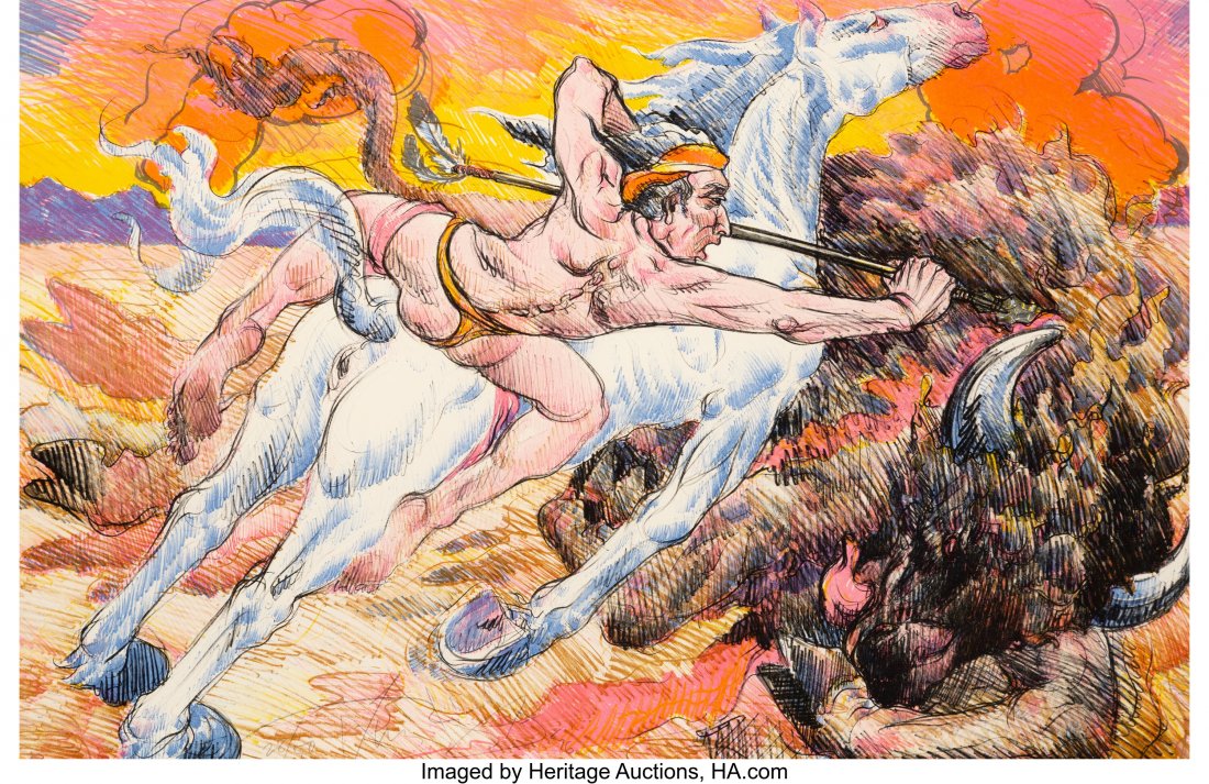 Luis Jimenez (1940-2006) Hunter Killing Buffalo,: Luis Jimenez (1940-2006) Hunter Killing Buffalo, from Progress Suite, 1976 Lithograph in colors on paper 22-3/4 x 35 inches (57.8 x 88.9 cm) (sight) Ed. 28/50 Signed, numbered, and dated in pencil alo