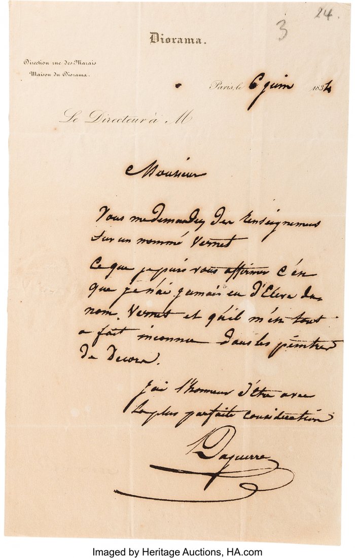 Louis Daguerre Autograph Letter Signed,  "Daguer (1 of 2)