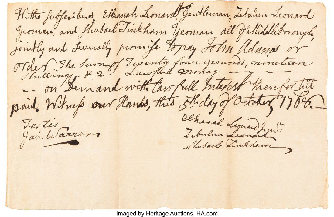 John Adams Signed Promissory Note in his favor. (1 of 2)