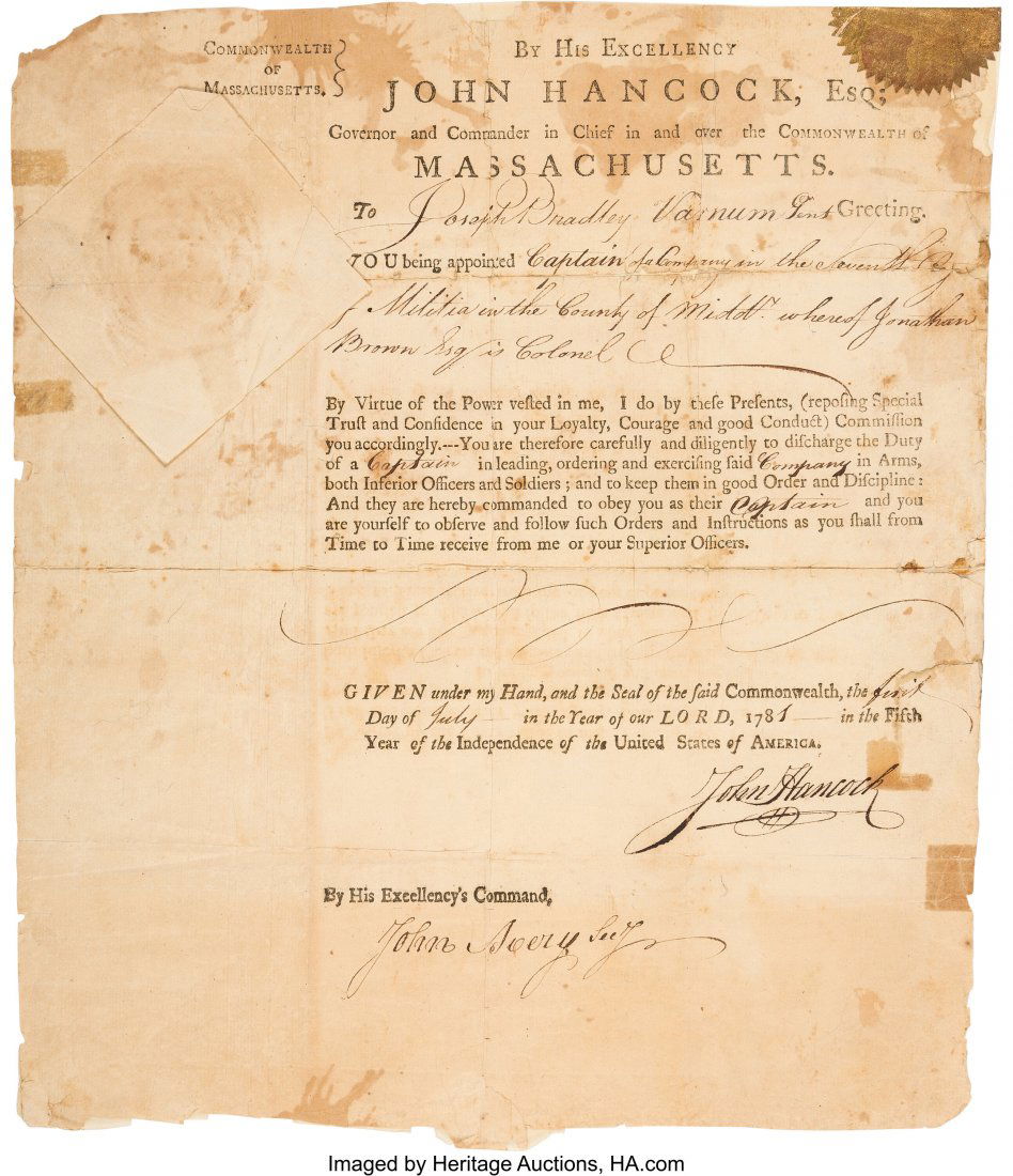 John Hancock Signed Militia Appointment. One she (1 of 2)