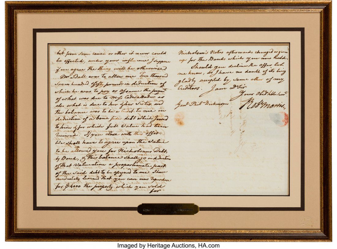 Robert Morris Autograph Letter Signed. Three pa: Robert Morris Autograph Letter Signed. Three pages of a bifolium, 15.25" x 9.5", Philadelphia, Pennsylvania; April 12, 1798. Addressed to General Philemon Dickinson from the Philadelphia's debtor's pr