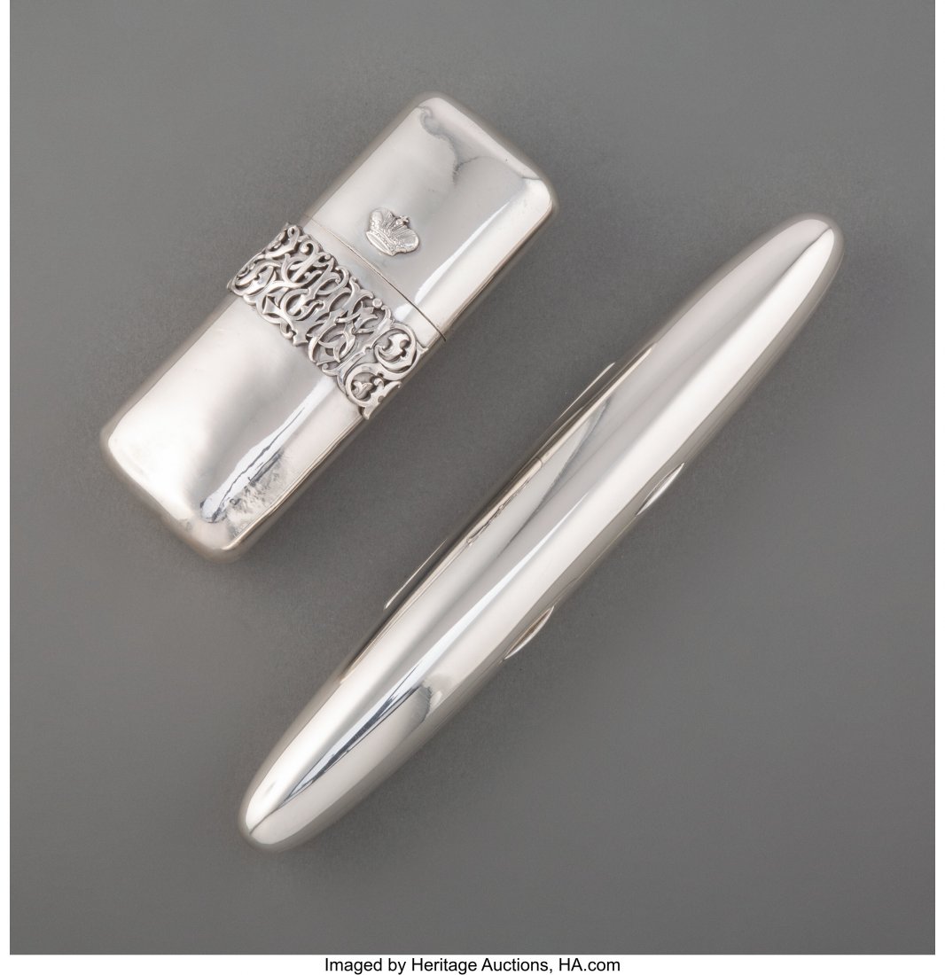 A Samuel Arnd Silver Cigar Case with a Grachev S: A Samuel Arnd Silver Cigar Case with a Grachev Silver Cigar Case, mid-late 19th century Marks to longest: 84, AN, (St. Petersburg city mark), (Cyrillic mark) 7-5/8 x 1-1/4 inches (19.4 x 3.2 cm) (long