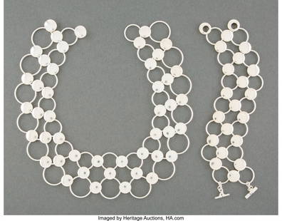 A Georg Jensen No. 464 Silver Necklace and Brace: A Georg Jensen No. 464 Silver Necklace and Bracelet Designed by Regitze Overgaard, Copenhagen, late 20th century Marks to each: (dotted oval-GEORG JENSEN), 925S, 464 17 x 1-7/8 x inches (43.2 x 4.8 x