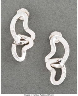 A Pair of Georg Jensen 18K White Gold and Diamon: A Pair of Georg Jensen 18K White Gold and Diamond Earrings Designed by Regitze Overgaard, Copenhagen, late 20th century Marks to each: 750, GJ, DENMARK, (scale-750), (three towers) 1 x 0-3/8 inches (2