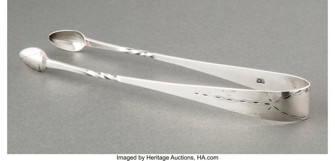 A Pair of American Coin Silver Tongs, early 19th: A Pair of American Coin Silver Tongs, early 19th century Marks: W·R 7-1/8 inches (18.1 cm) 1.28 troy ounces Property from the Eric P. Newman Numismatic Education Society HID03101062020 © 2