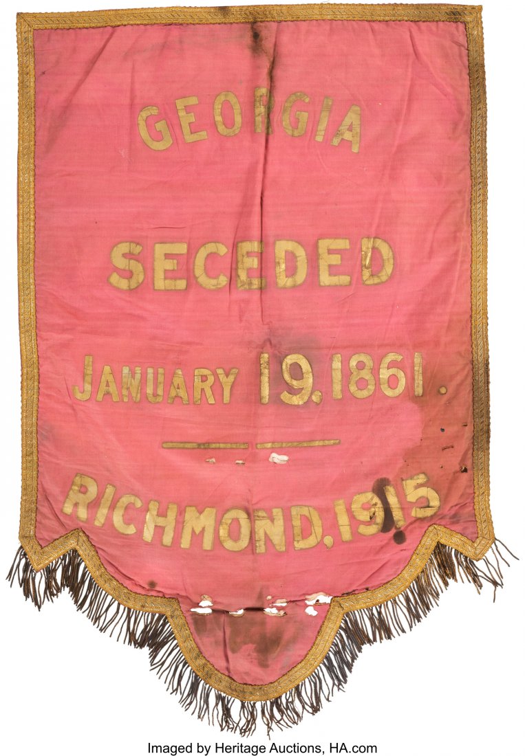 Confederate States: 1915 George Secession Commem: Confederate States: 1915 George Secession Commemorative Banner with Georgia State Seal Needlework. 23" x 34" two-sided silk banner with bullion trim and fringe. Inscribed on both sides in gold paint: 