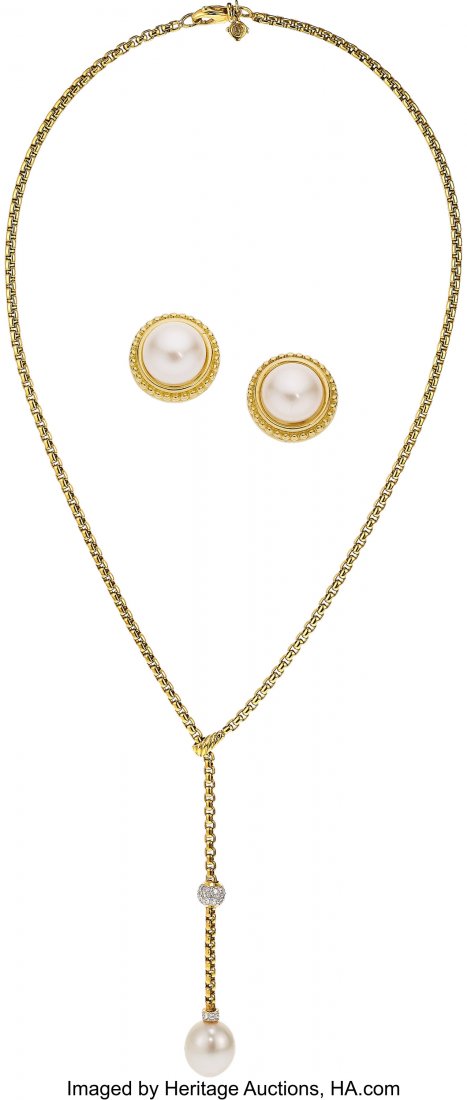 David Yurman Diamond, Cultured Pearl, Gold Jewel: David Yurman Diamond, Cultured Pearl, Gold Jewelry Suite Stones: Full-cut diamonds weighing a total of approximately 0.35 carat Pearl: South Sea cultured pearl measuring 13.00 x 12.00 mm; Akoya cultur