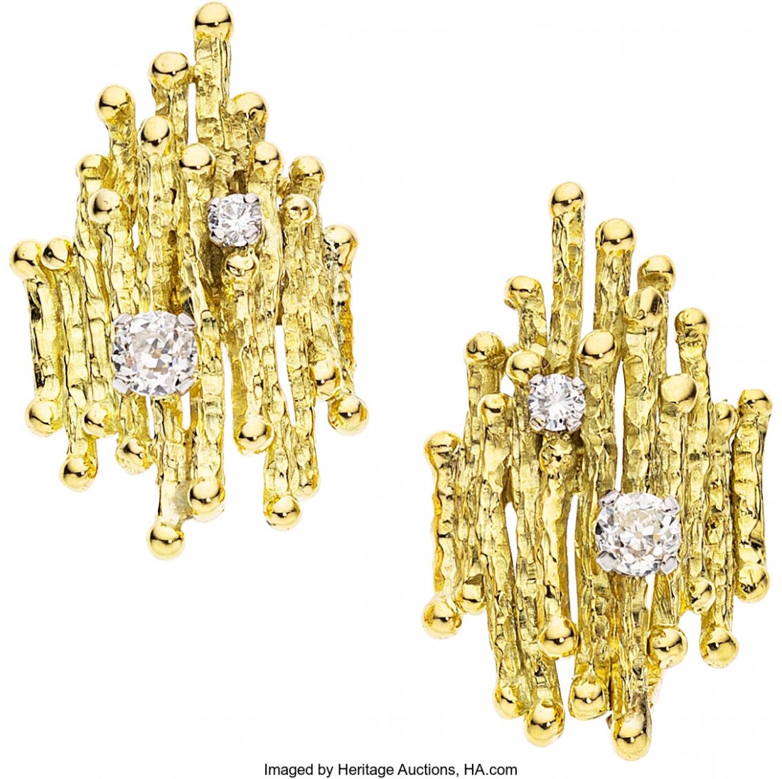 Grima Diamond, Gold Earrings, English Stones: E: Grima Diamond, Gold Earrings, English Stones: European and full-cut diamonds weighing a total of approximately 0.50 carat Metal: 18k gold Marked: Grima; English hallmarks Gross Weight: 11.40 grams Dim