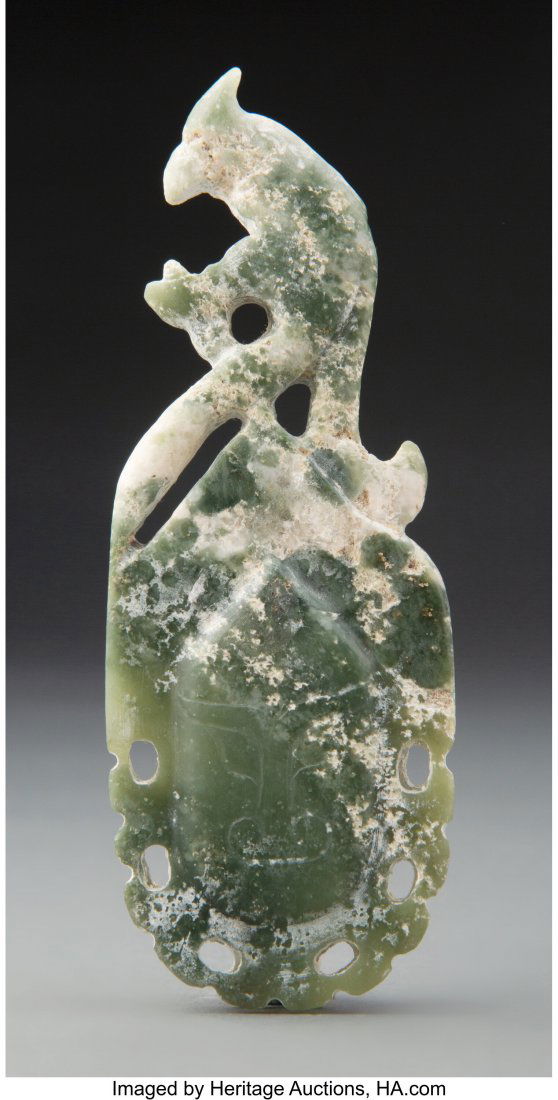 A Chinese Carved Celadon Jade 4 x 1-1/2 x 0-1/2: A Chinese Carved Celadon Jade 4 x 1-1/2 x 0-1/2 inches (10.2 x 3.8 x 1.3 cm) HID03101062020 © 2020 Heritage Auctions | All Rights Reserved