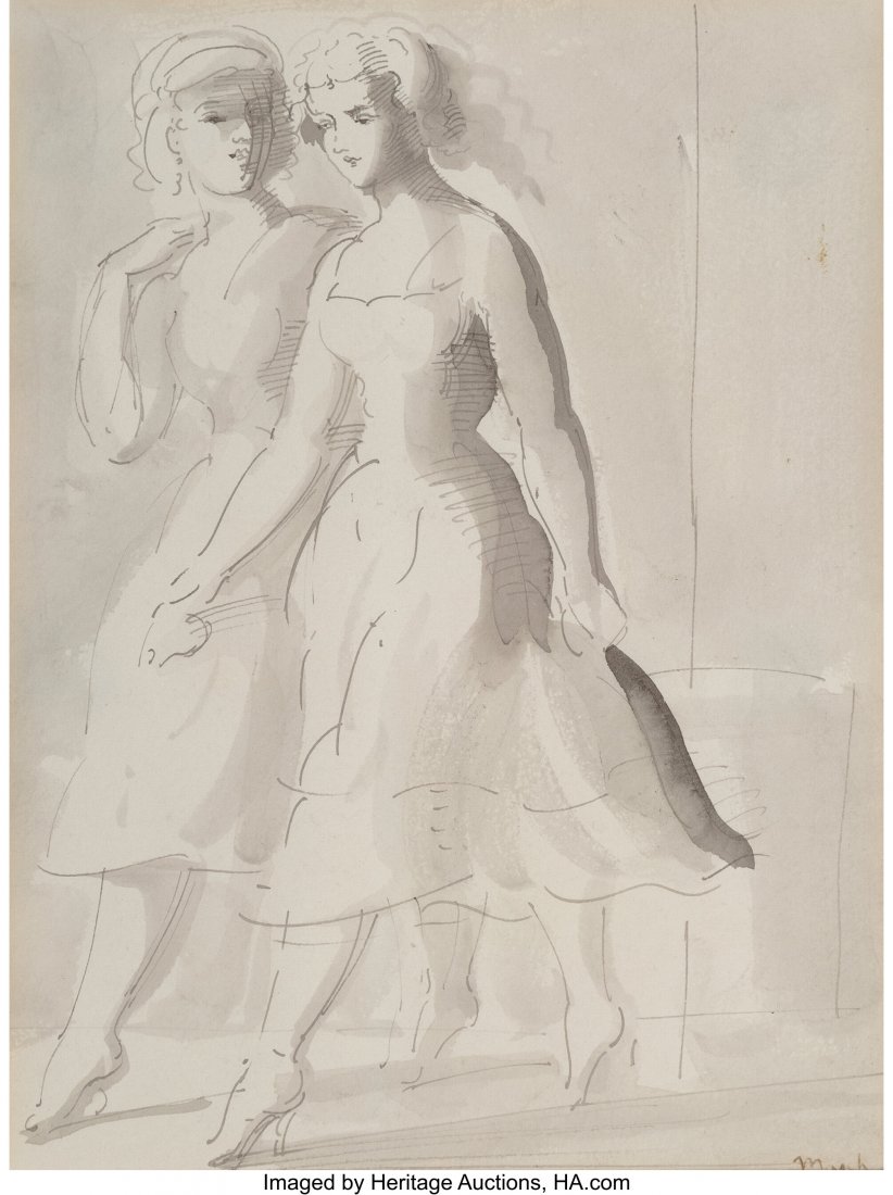 Reginald Marsh (American, 1898-1954) Two women w: Reginald Marsh (American, 1898-1954) Two women walking Ink and wash on wove paper 9-3/4 x 7-1/4 inches (24.8 x 18.4 cm) Signed lower right: Marsh PROVENANCE: (With) Nardin Fine Arts Gallery, Cross Riv