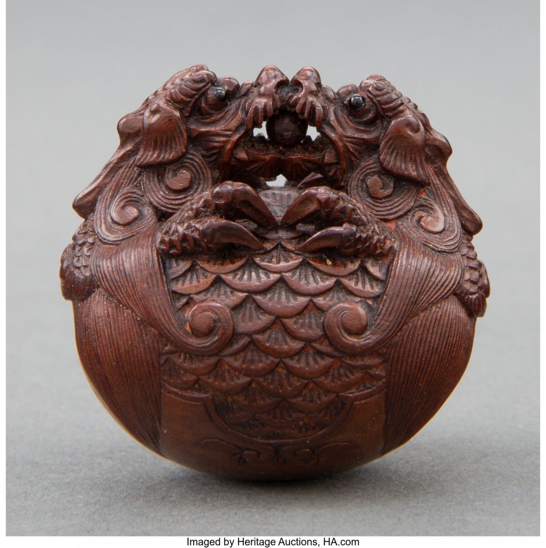 A Japanese Carved Bell Netsuke, Meiji Period Mar: A Japanese Carved Bell Netsuke, Meiji Period Marks: Two-character mark 1-3/8 x 1-1/2 x 1-1/8 inches (3.5 x 3.8 x 2.9 cm) HID03101062020 © 2020 Heritage Auctions | All Rights Reserved