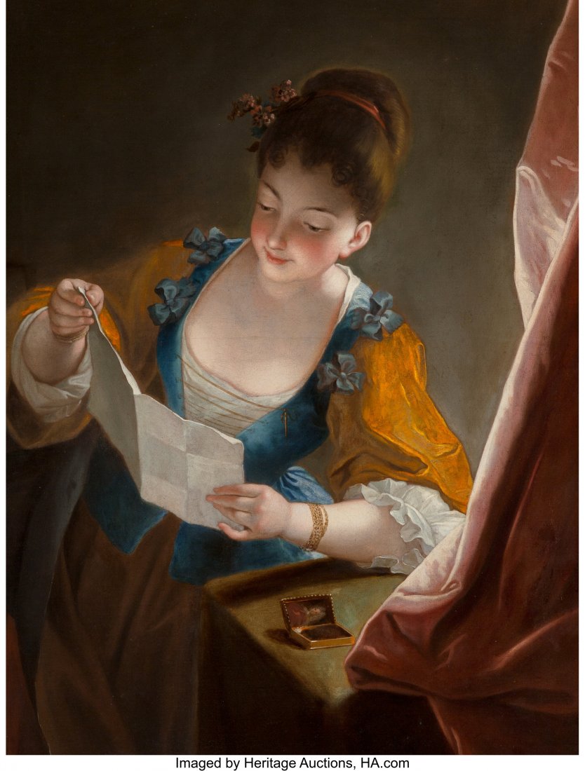 After Jean Raoux (French, 1677-1734) La liseuse : After Jean Raoux (French, 1677-1734) La liseuse (young girl reading a love letter) Oil on canvas 38-1/2 x 29-1/2 inches (97.8 x 74.9 cm) PROVENANCE: David Ramus Fine Art, New York and Atlanta. HID0310