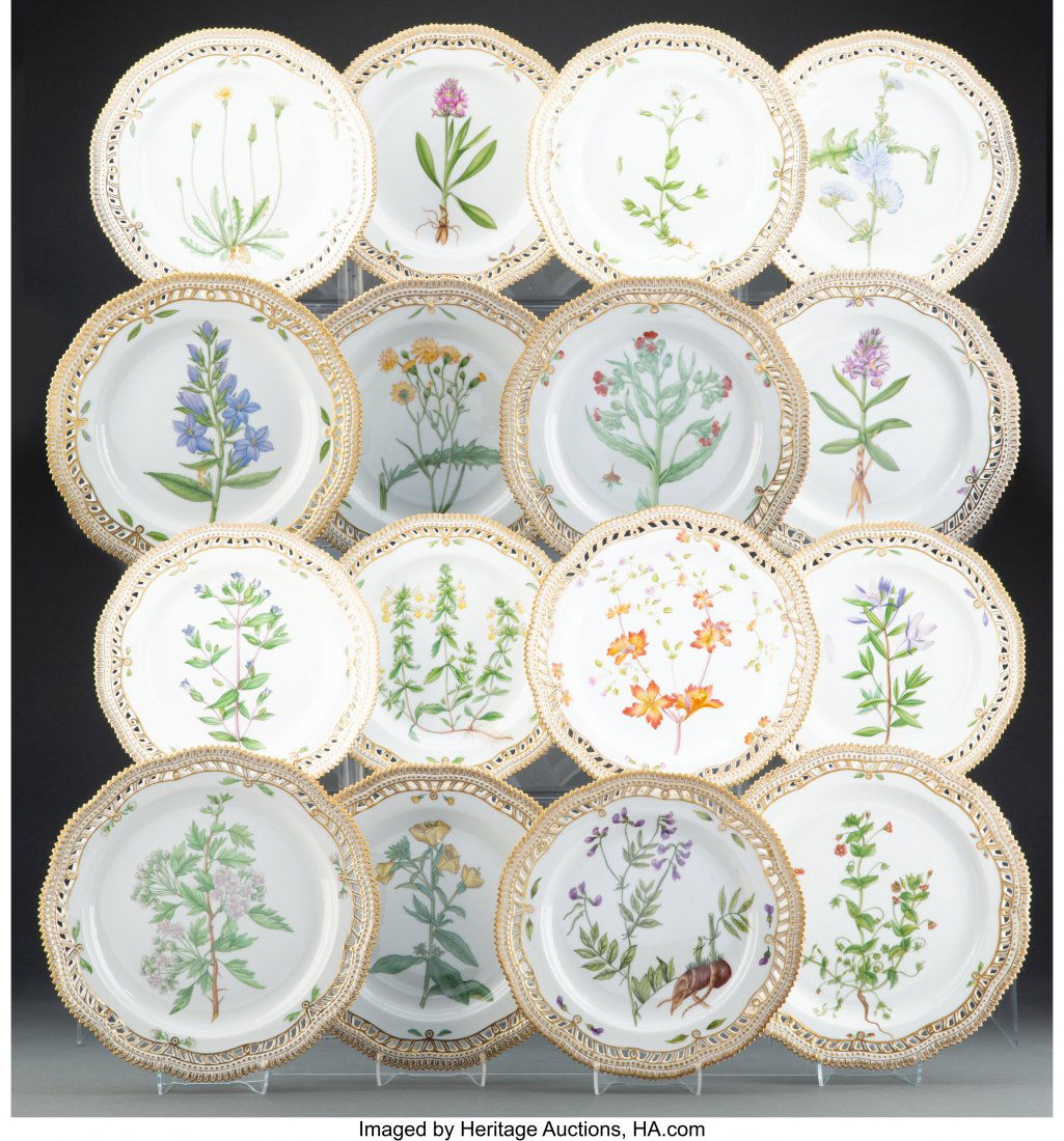 A Set of Sixteen Royal Copenhagen Flora Danica P: A Set of Sixteen Royal Copenhagen Flora Danica Pattern Reticulated Dinner Plates, Denmark, mid-20th century Marks: ROYAL (crown) COPENHAGEN DENMARK, (waves), (various) 10-5/8 inches (27.0 cm) (3 plate
