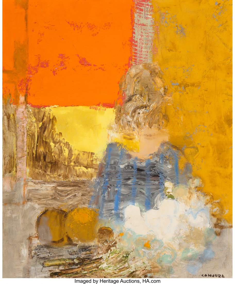 Noe Canjura (Spanish, 1922-1970) Madeleine Oil o: Noe Canjura (Spanish, 1922-1970) Madeleine Oil on canvas 29 x 23-1/2 inches (73.7 x 59.7 cm) Signed lower right: Canjura Bears signature and title on the reverse: "Madeleine" / Canjura PROVENANCE: Gal