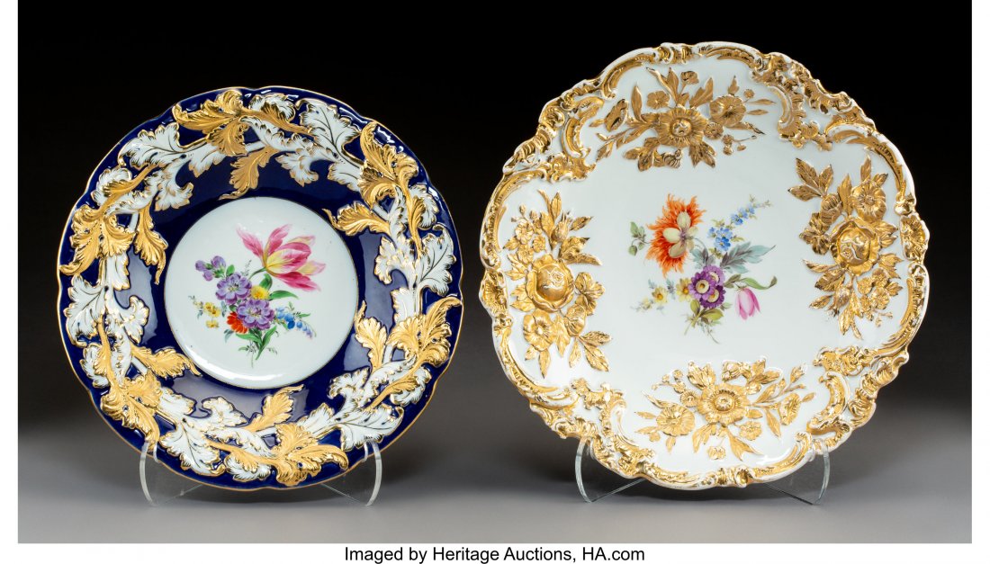 Two Meissen Polychromed and Gilt Embossed Porcel: Two Meissen Polychromed and Gilt Embossed Porcelain Bowls, Meissen, Germany, early 20th century Marks: (crossed swords in blue underglaze), (various) 2-1/8 x 10-7/8 inches (5.4 x 27.6 cm) (largest) Ea