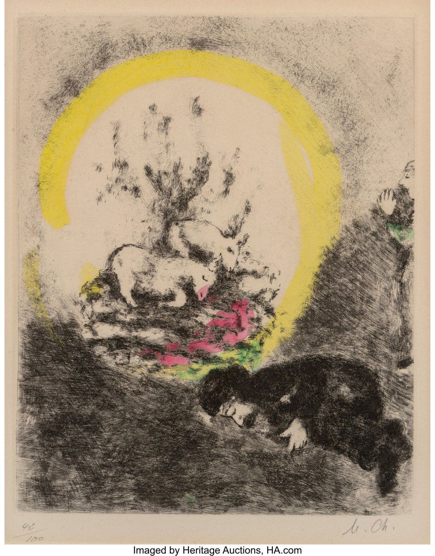 Marc Chagall (1887-1985) After the Flood, from T: Marc Chagall (1887-1985) After the Flood, from The Bible, circa 1931 Etching with hand coloring on Arches paper 21 x 15-3/8 inches (53.3 x 39.1 cm) (sheet) Ed. 42/100 Initialed and numbered in pencil