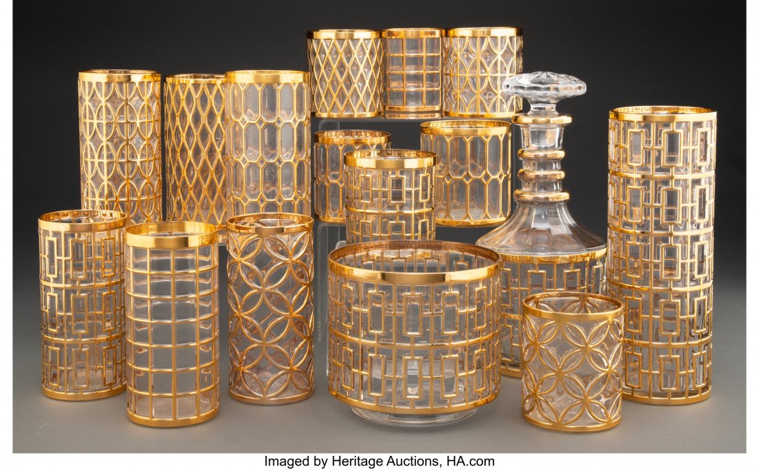 A One Hundred Twelve-Piece Imperial Glass Partia: A One Hundred Twelve-Piece Imperial Glass Partial Gilt Barware Set, Bellaire, Ohio, circa 1970 Marks: IG 10-1/2 x 4-1/4 x 4-1/4 inches (26.7 x 10.8 x 10.8 cm) (tallest, decanter) Property from the Col