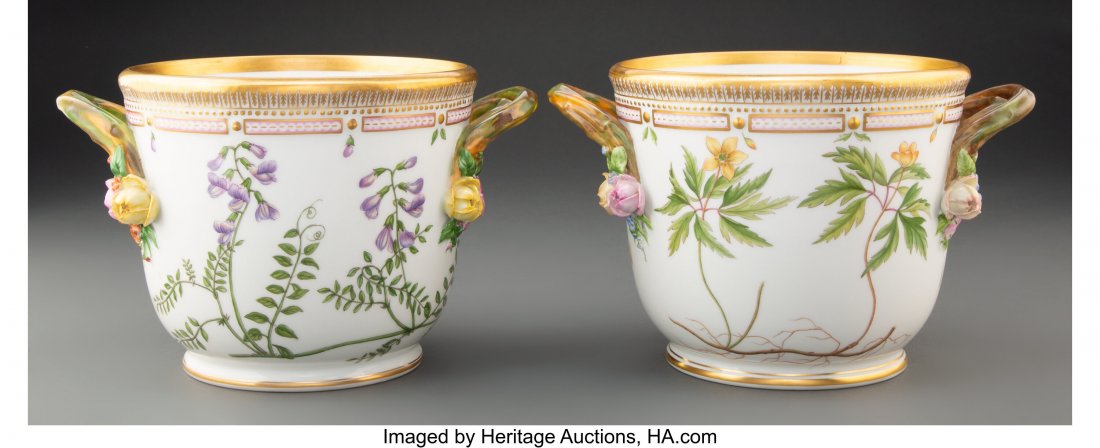 A Pair of Royal Copenhagen Flora Danica Pattern: A Pair of Royal Copenhagen Flora Danica Pattern Wine Coolers, Denmark, mid-20th century Marks: ROYAL (crown) COPENHAGEN DENMARK, (waves), (various) 6-1/2 x 10-1/4 x 7-3/8 inches (16.5 x 26.0 x 18.7 cm