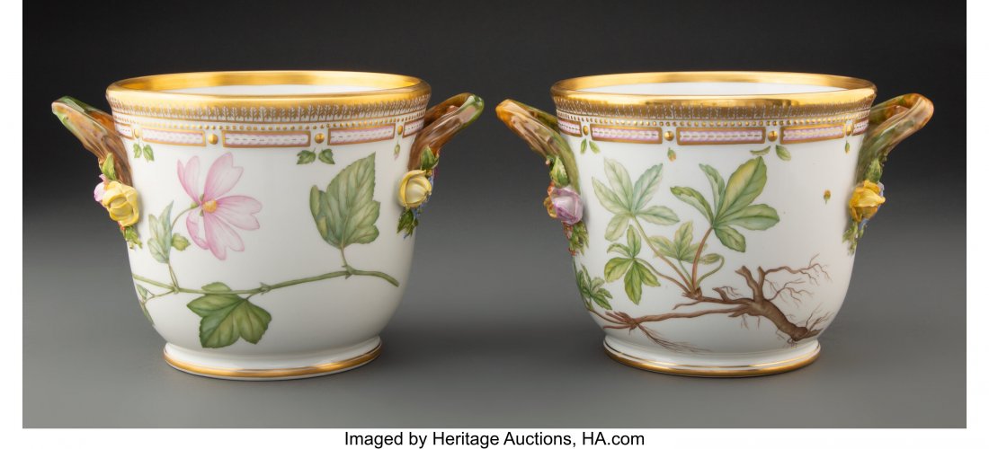A Pair of Royal Copenhagen Flora Danica Pattern: A Pair of Royal Copenhagen Flora Danica Pattern Wine Coolers, Denmark, mid-20th century Marks: ROYAL (crown) COPENHAGEN DENMARK, (waves), (various) 6-1/2 x 10 x 7-1/4 inches (16.5 x 25.4 x 18.4 cm) Pr