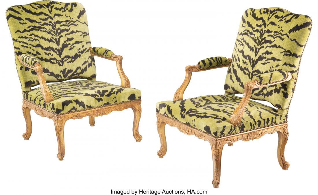 A Pair of French Régence Carved Giltwood Fauteu: A Pair of French Régence Carved Giltwood Fauteuils, 18th century 39 x 26-3/4 x 24 inches (99.1 x 67.9 x 61.0 cm) (each) Property from the Collection of John Robert Clark PROVENANCE: Doyle, New 