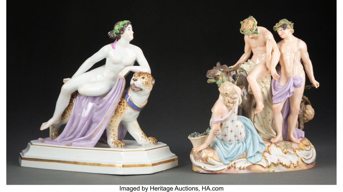 Two Meissen Porcelain Figural Groups, Germany, c: Two Meissen Porcelain Figural Groups, Germany, circa 1900 Marks to taller: (crossed swords in underglaze blue- one slash), 2721, 141 Marks to shorter: (crossed swords in underglaze blue), H34, 131 8-3